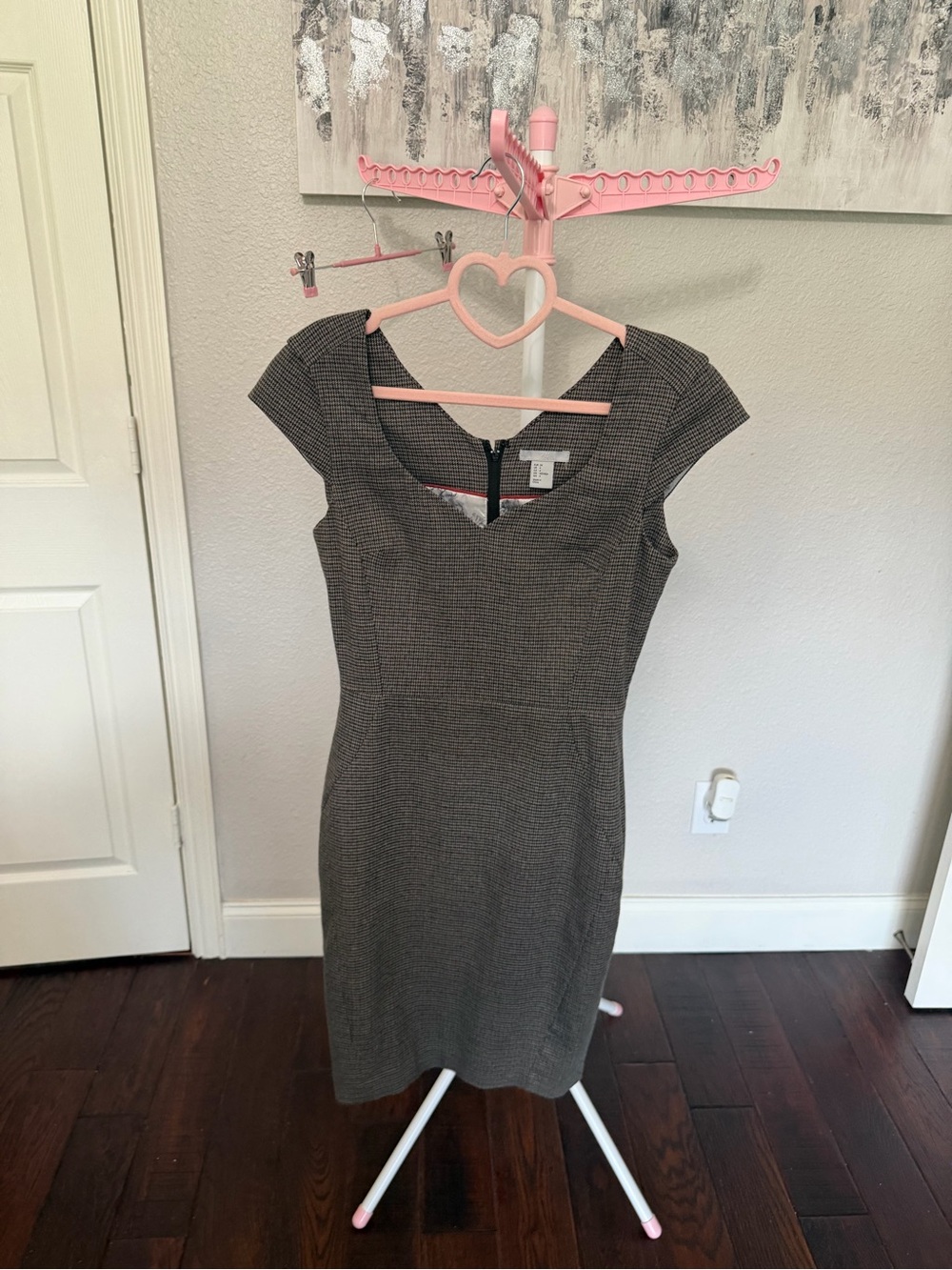 H&M Charcoal Check Cap-Sleeve Midi Dress